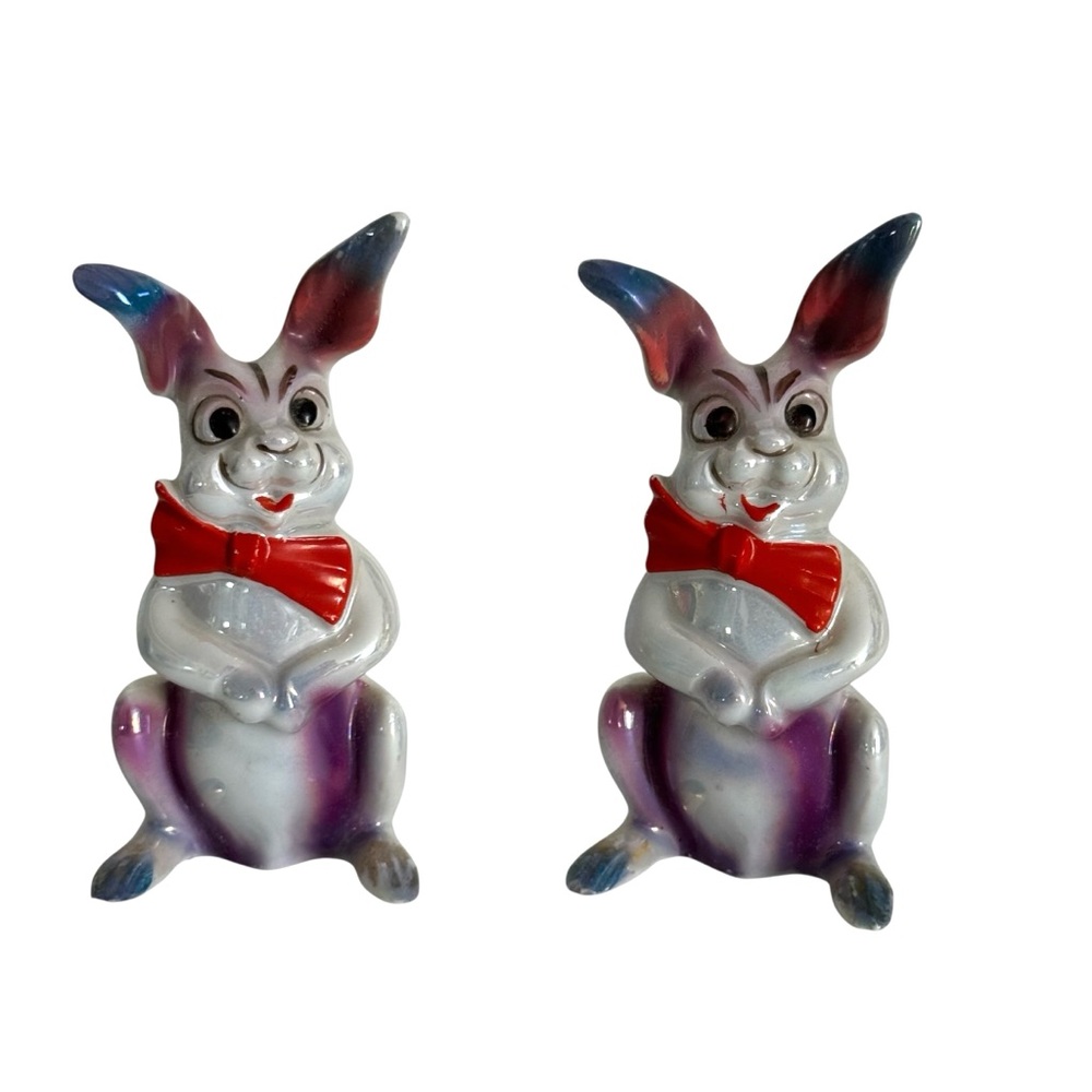2 Vintage Ceramic Easter Bunnies Figurines Hand Painted Iridescent Mid Century